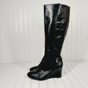 Ralph Lauren Tia Black Leather Side Zip Buckle Detail Wedge Heeled Boots I31